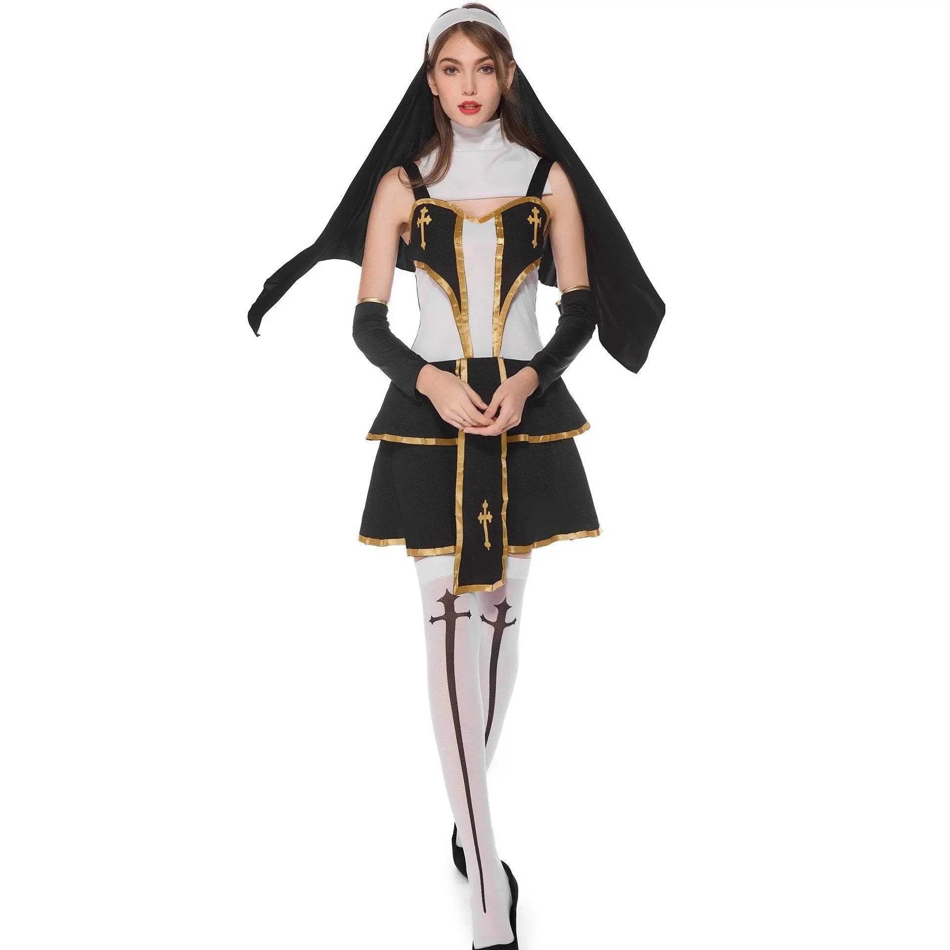Pastor Fr Nun Couples Costume Halloween Outfits Cosplay Party Carnival - zzcosplay