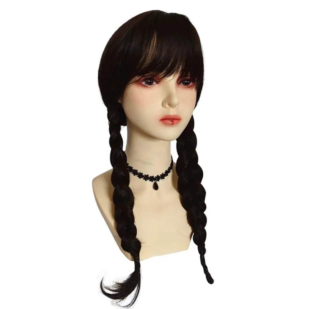 Wednesday Wig The Addams Family Cosplay Black Double Ponytail Braid Wig For Adult - zzcosplay