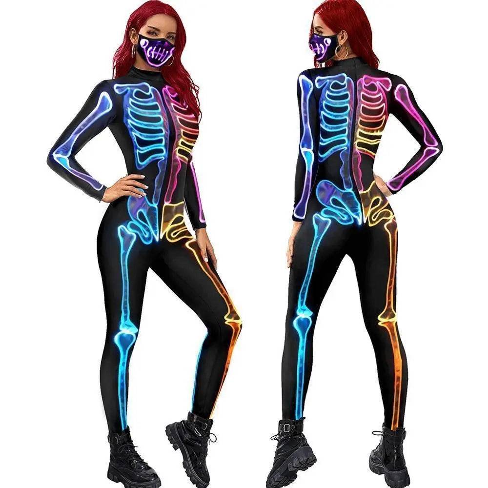 Women Halloween Jumpsuit Skull Cosplay Costume Funny Skeleton Halloween Bodysuit Skinny Catsuit - zzcosplay