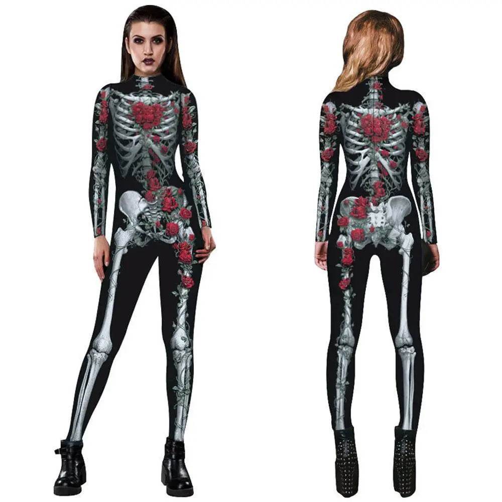 Women Printed Rose Skull Skeleton Catsuit Halloween Costume - zzcosplay