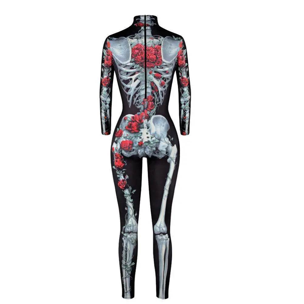 Women Printed Rose Skull Skeleton Catsuit Halloween Costume - zzcosplay