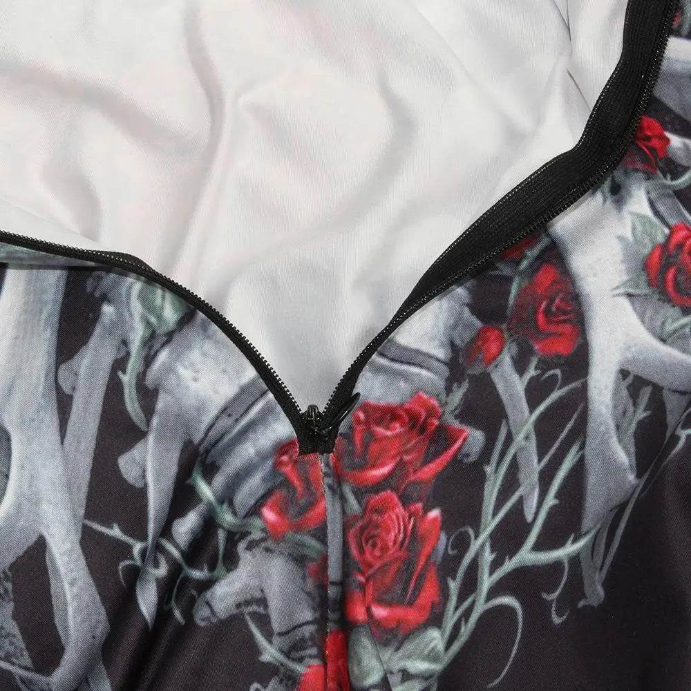 Women Printed Rose Skull Skeleton Catsuit Halloween Costume - zzcosplay