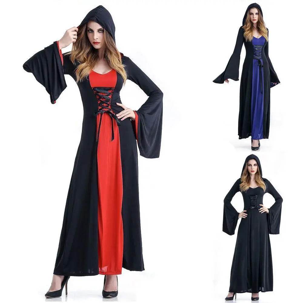 Women's Medieval Vintage Demon Hooded Witch Dress Cosplay Costume Halloween Renaissance Gothic - zzcosplay