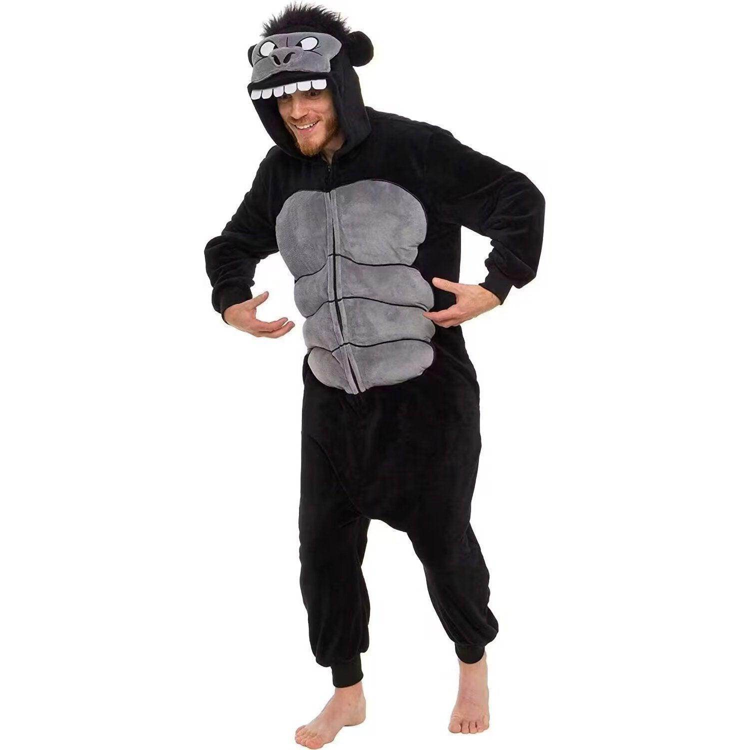 Black King Kong Costume Suit Cartoon Animal Kigurumi Flannel Onesie for Adults - zzcosplay