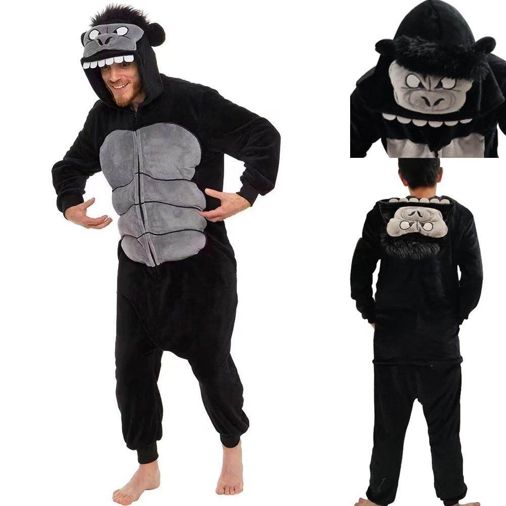 Black King Kong Costume Suit Cartoon Animal Kigurumi Flannel Onesie for Adults - zzcosplay