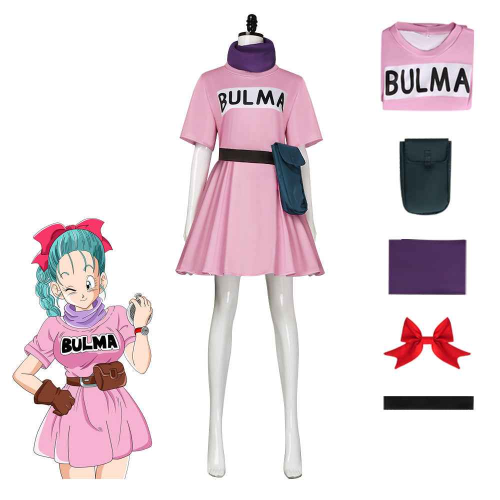 Bulma Cosplay Costume Pink Dress with Pouch