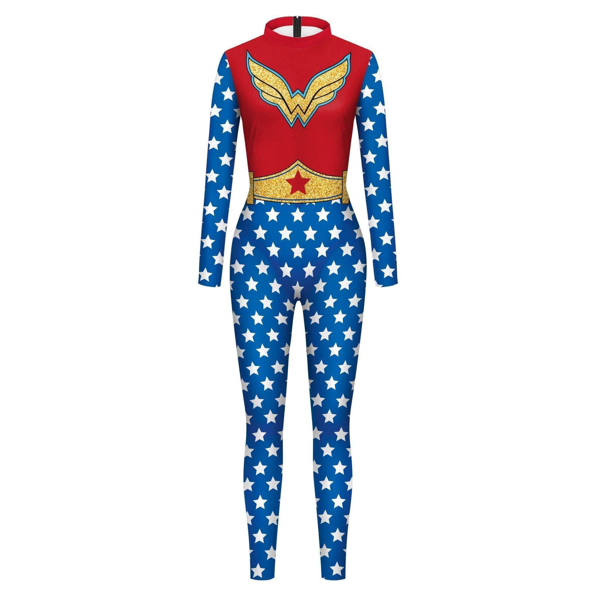 Superhero Wonder Woman Cosplay Costume Halloween Printed Jumpsuit Slim Fit Long Sleeve Party Outfit for Women - zzcosplay