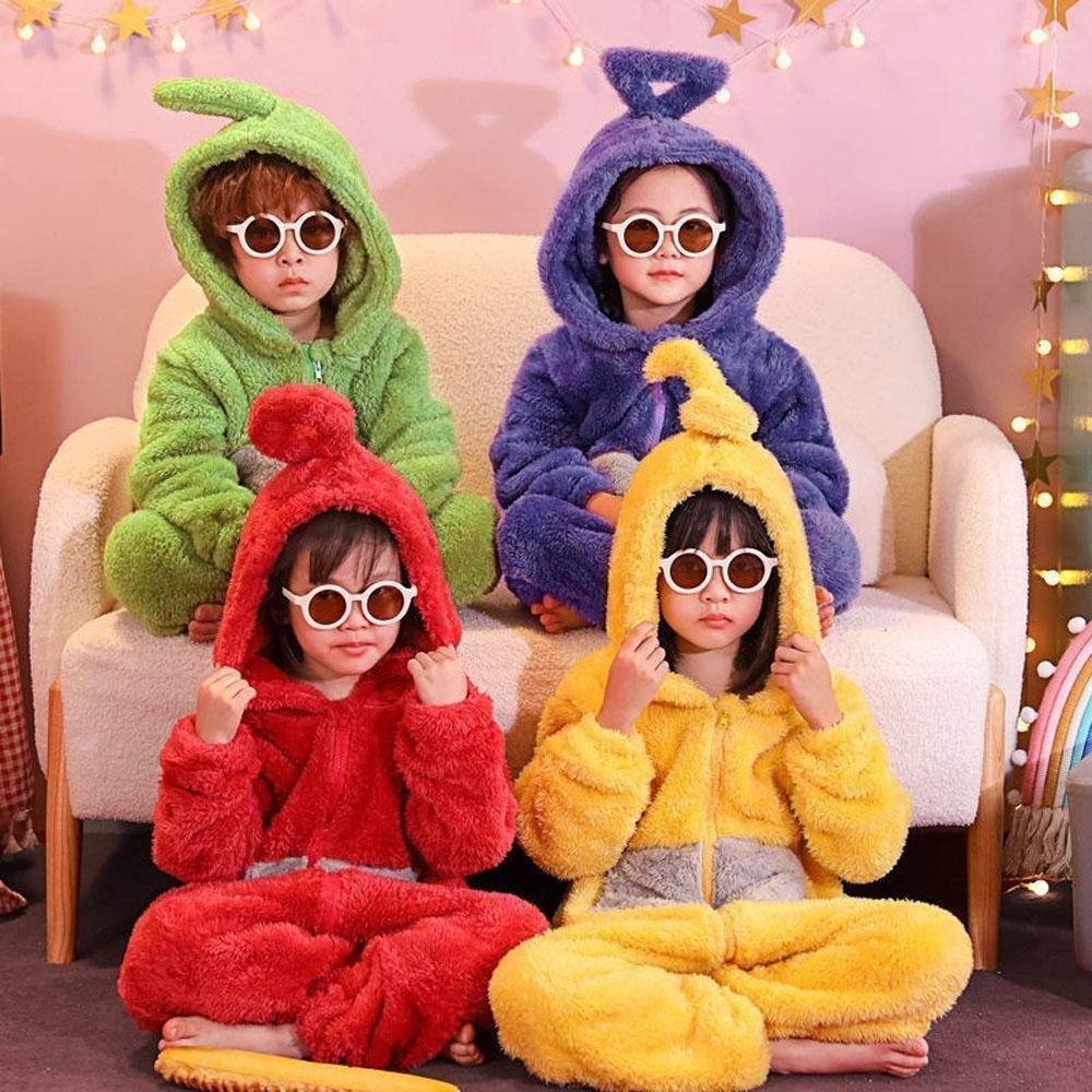 Teletubbies Tinky Winky Dipsy Po Laa-Laa Coral Fleece Onesies Pajamas for Adults Kids - zzcosplay