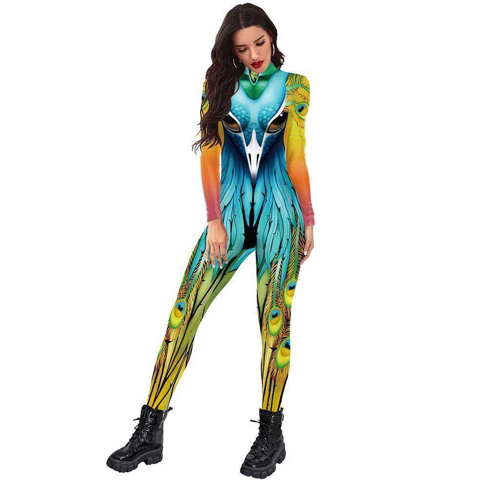 Womens Halloween Costumes Cosplay Peacock Print Jumpsuit Slim Fit Long Sleeve Catsuit Party Outfit - zzcosplay