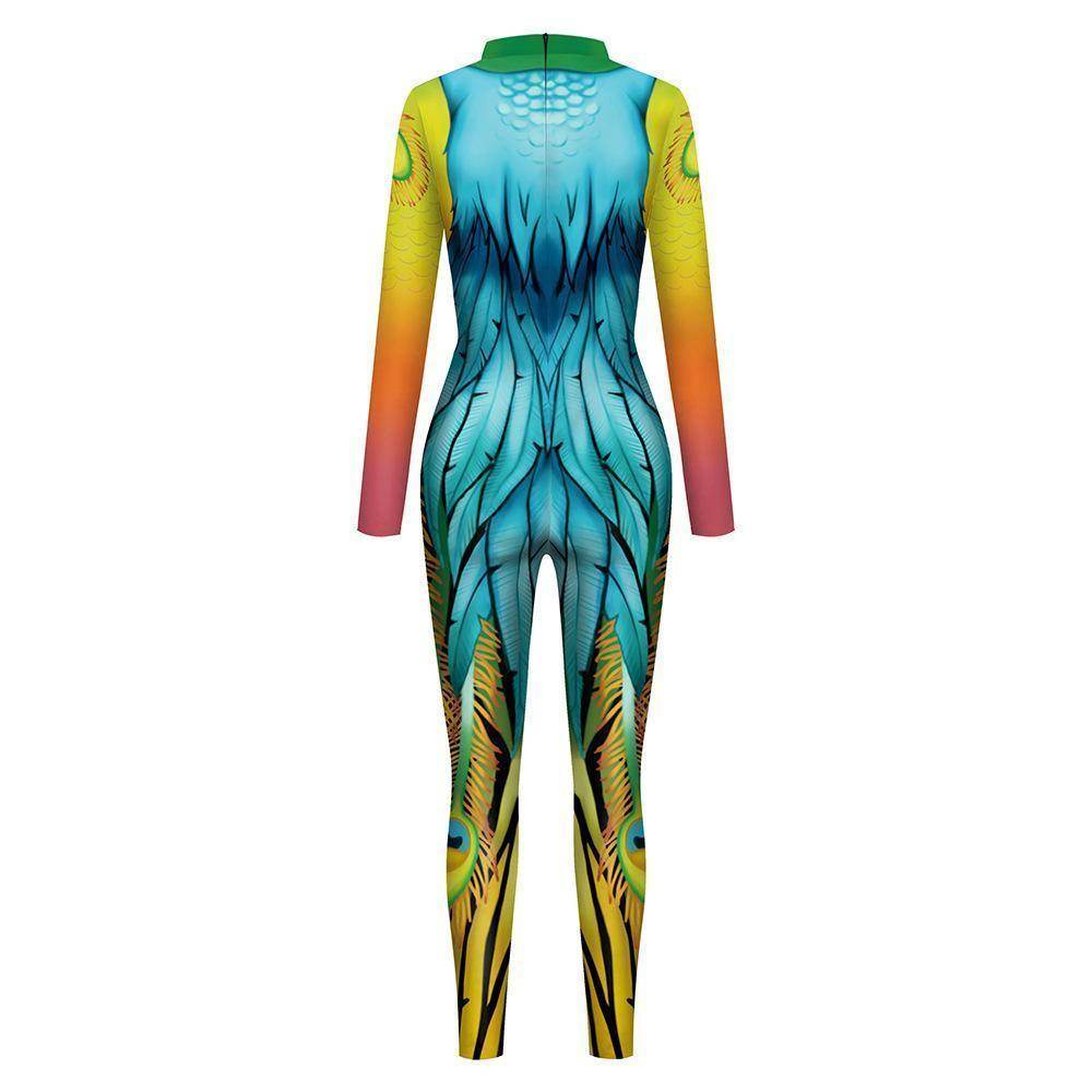 Womens Halloween Costumes Cosplay Peacock Print Jumpsuit Slim Fit Long Sleeve Catsuit Party Outfit - zzcosplay